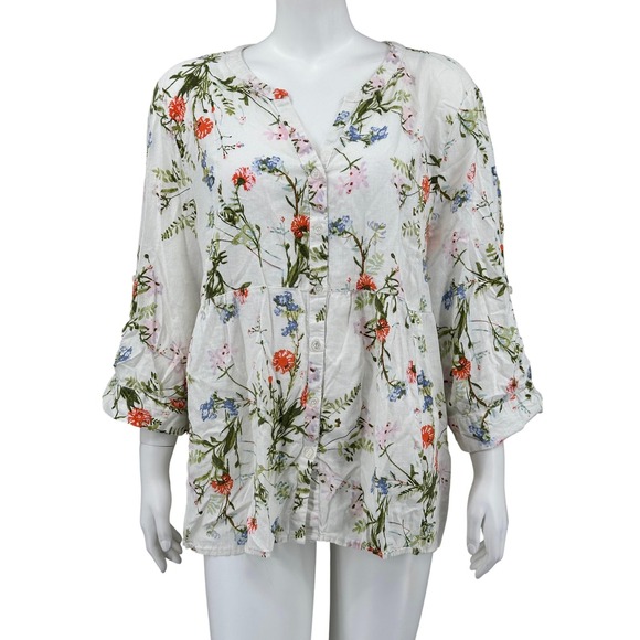 Jones New York Top Women 2X Cream Floral Button Up Linen Blend Boho Sheer Spring - Picture 1 of 12